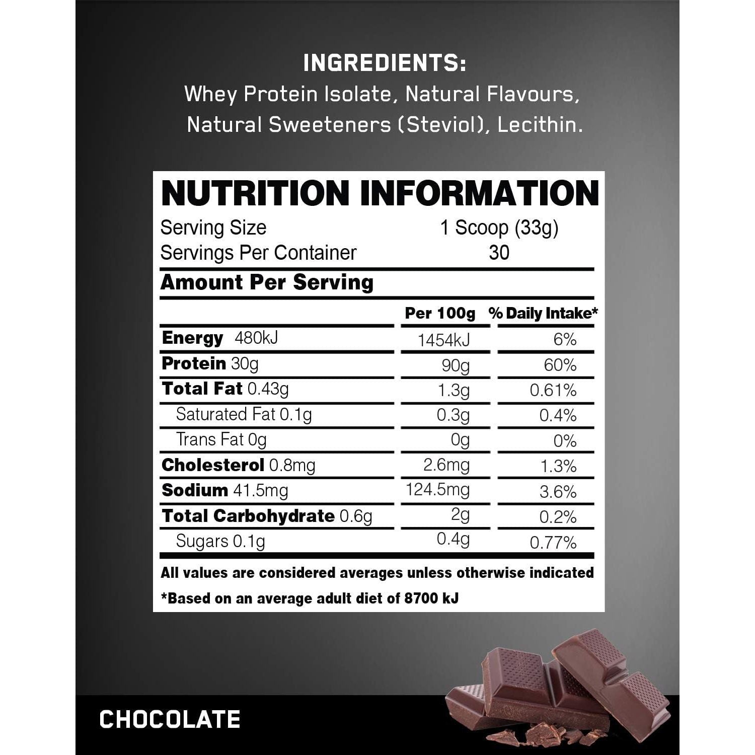 100% Whey Protein Isolate and Hydrolyzed CHOCOLATE 1Kg