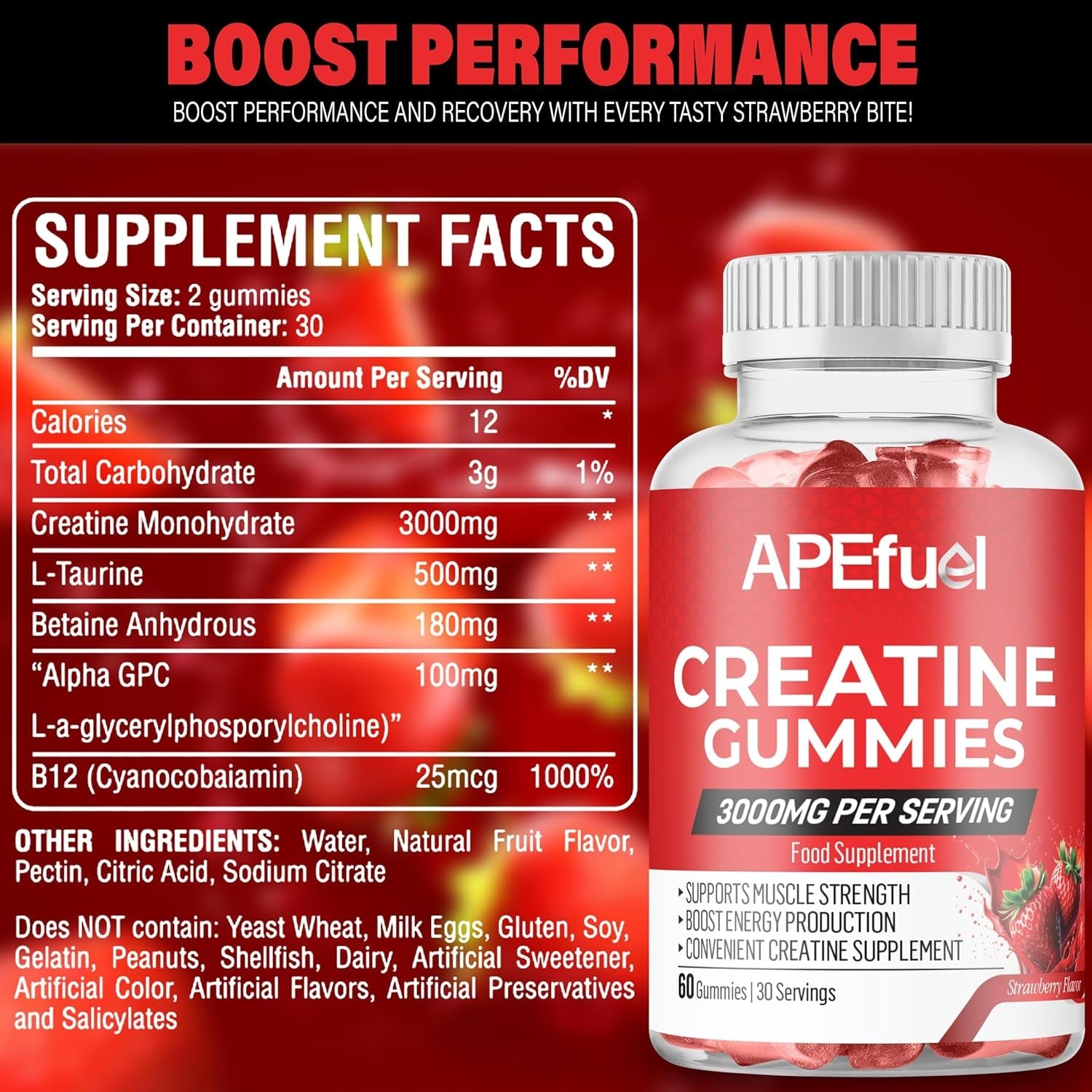 Creatine Gummies for Men And Women - Sugar-Free Strawberry Flavored - 3000Mg Creatine Dietary Supplement