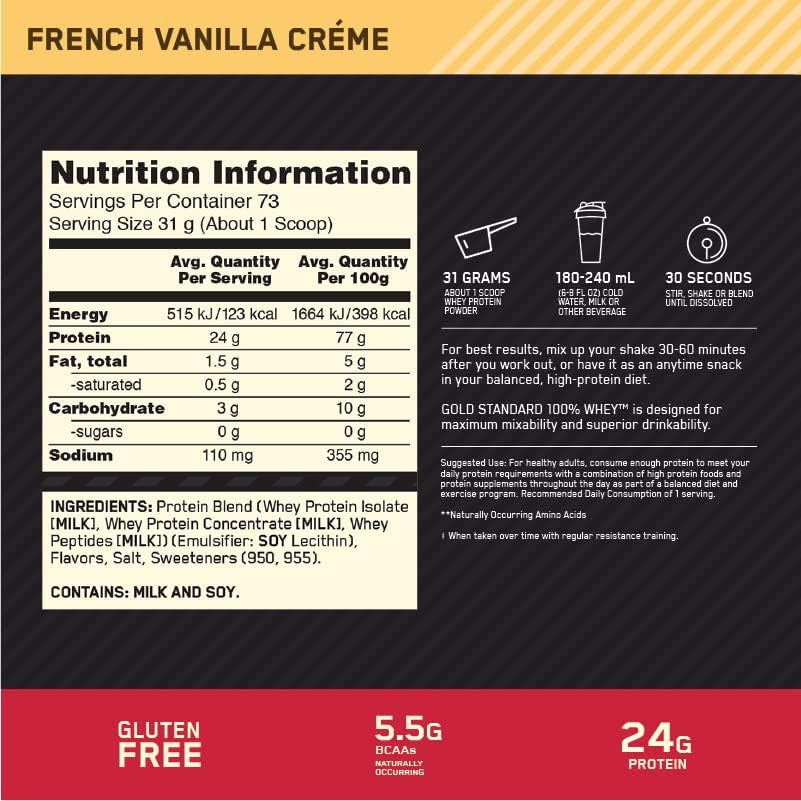 Gold Standard 100% Whey Protein Powder, French Vanilla, 2.27Kg