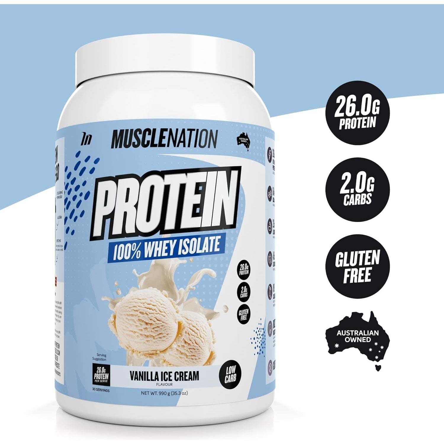 Muscle Nation Vanilla Ice Cream Flavour Whey Protein Isolate 990G (30 Serves)
