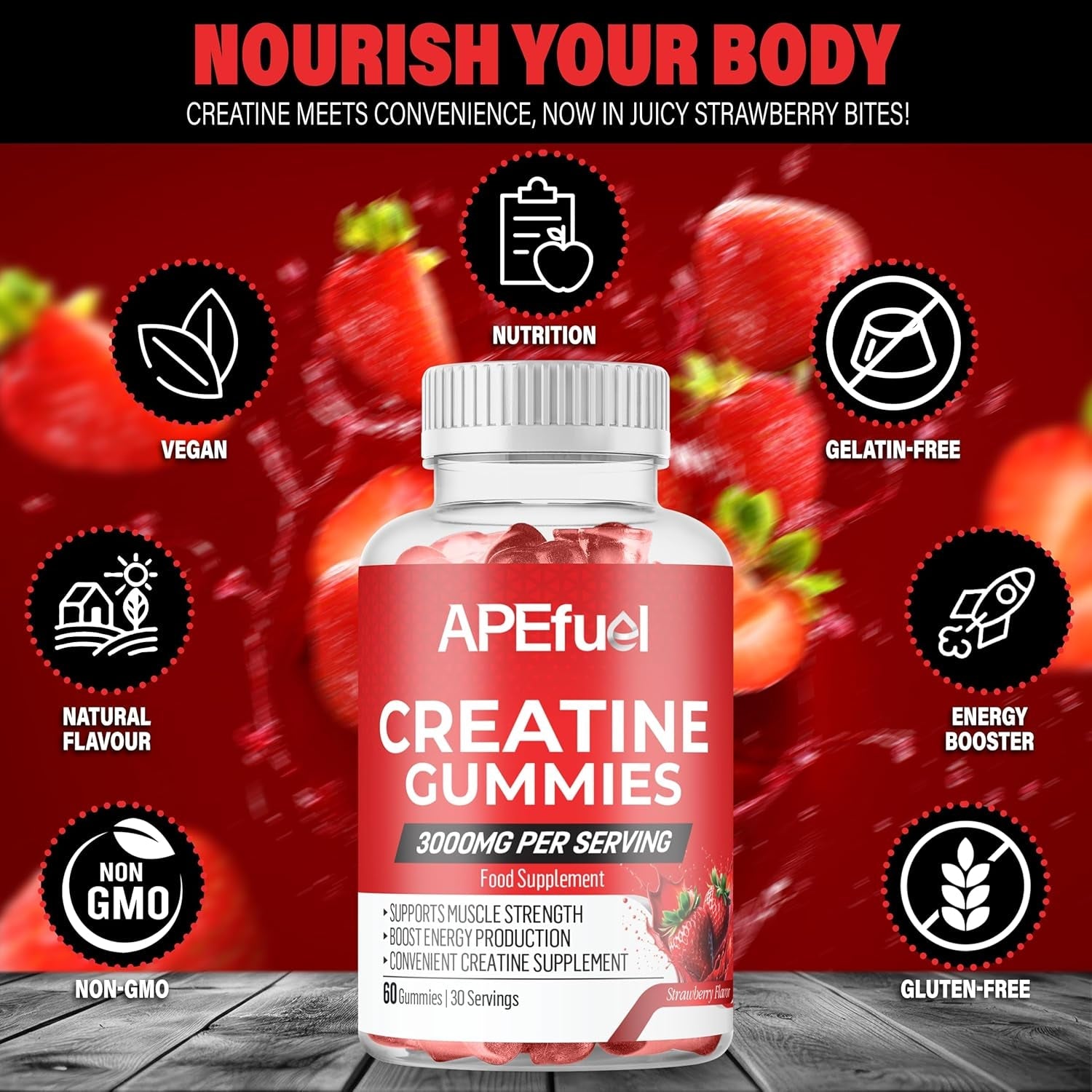 Creatine Gummies for Men And Women - Sugar-Free Strawberry Flavored - 3000Mg Creatine Dietary Supplement