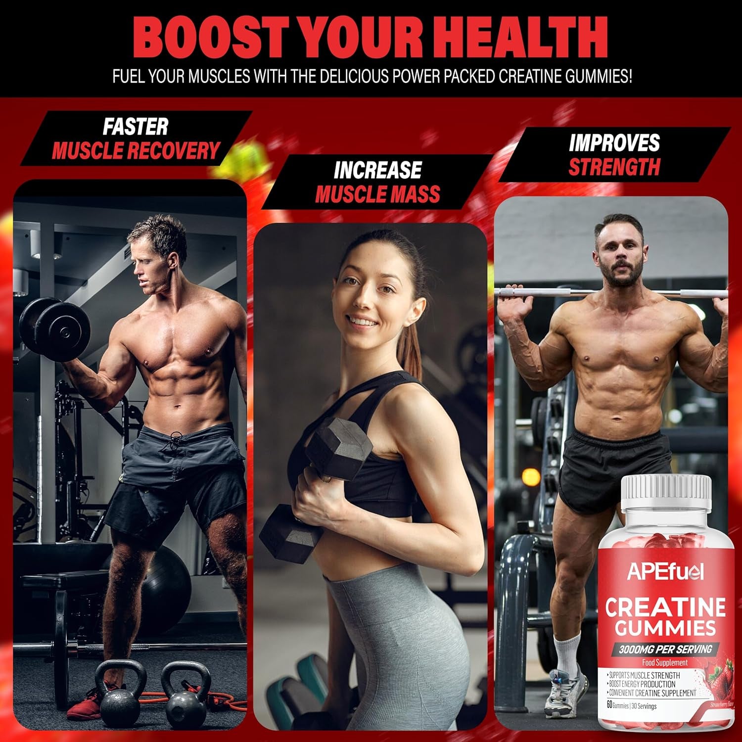 Creatine Gummies for Men And Women - Sugar-Free Strawberry Flavored - 3000Mg Creatine Dietary Supplement