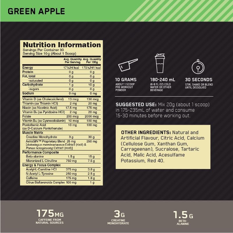 Gold Standard Pre Workout Green Apple 300g