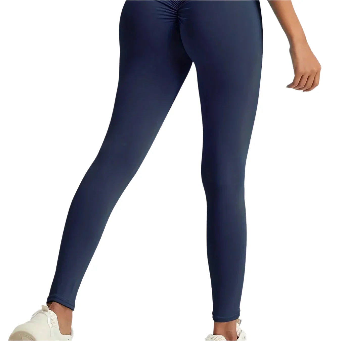 Navy blue leggings worn by a person on a white background