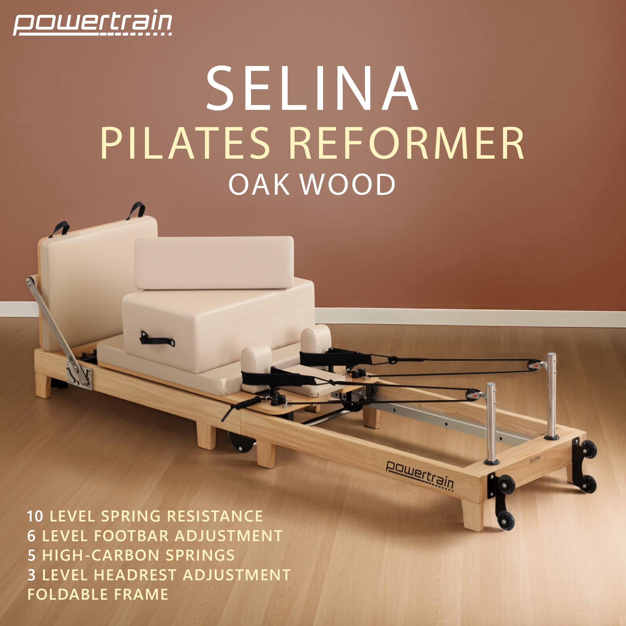 Powertrain Selina Pilates Reformer Machine Wooden Folding Multifunctional Home Gym Equipment With Jumpboard And Sitting Box Oak Beige