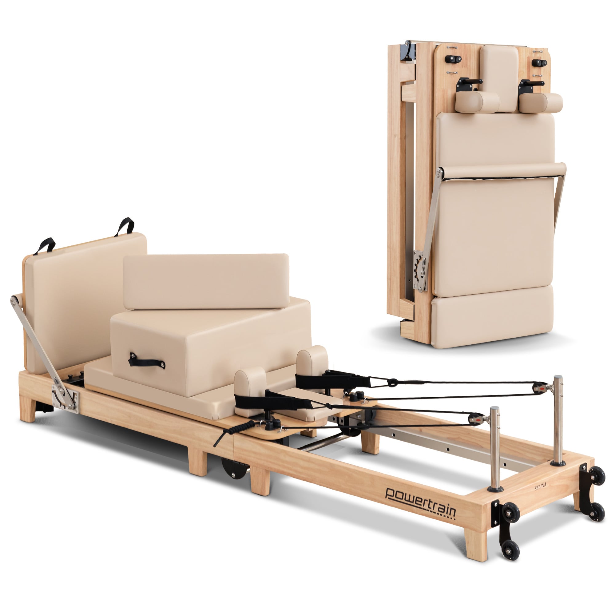 Powertrain Selina Pilates Reformer Machine Wooden Folding Multifunctional Home Gym Equipment With Jumpboard And Sitting Box Oak Beige