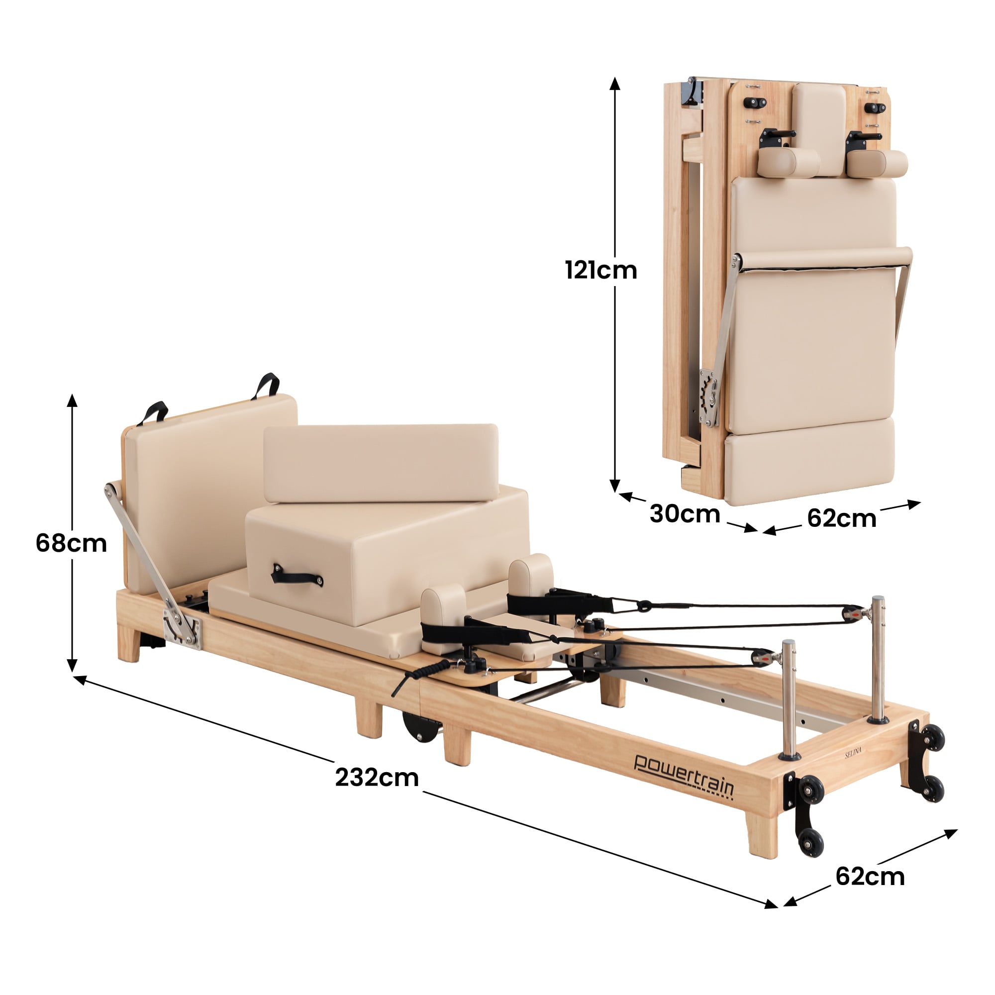 Powertrain Selina Pilates Reformer Machine Wooden Folding Multifunctional Home Gym Equipment With Jumpboard And Sitting Box Oak Beige