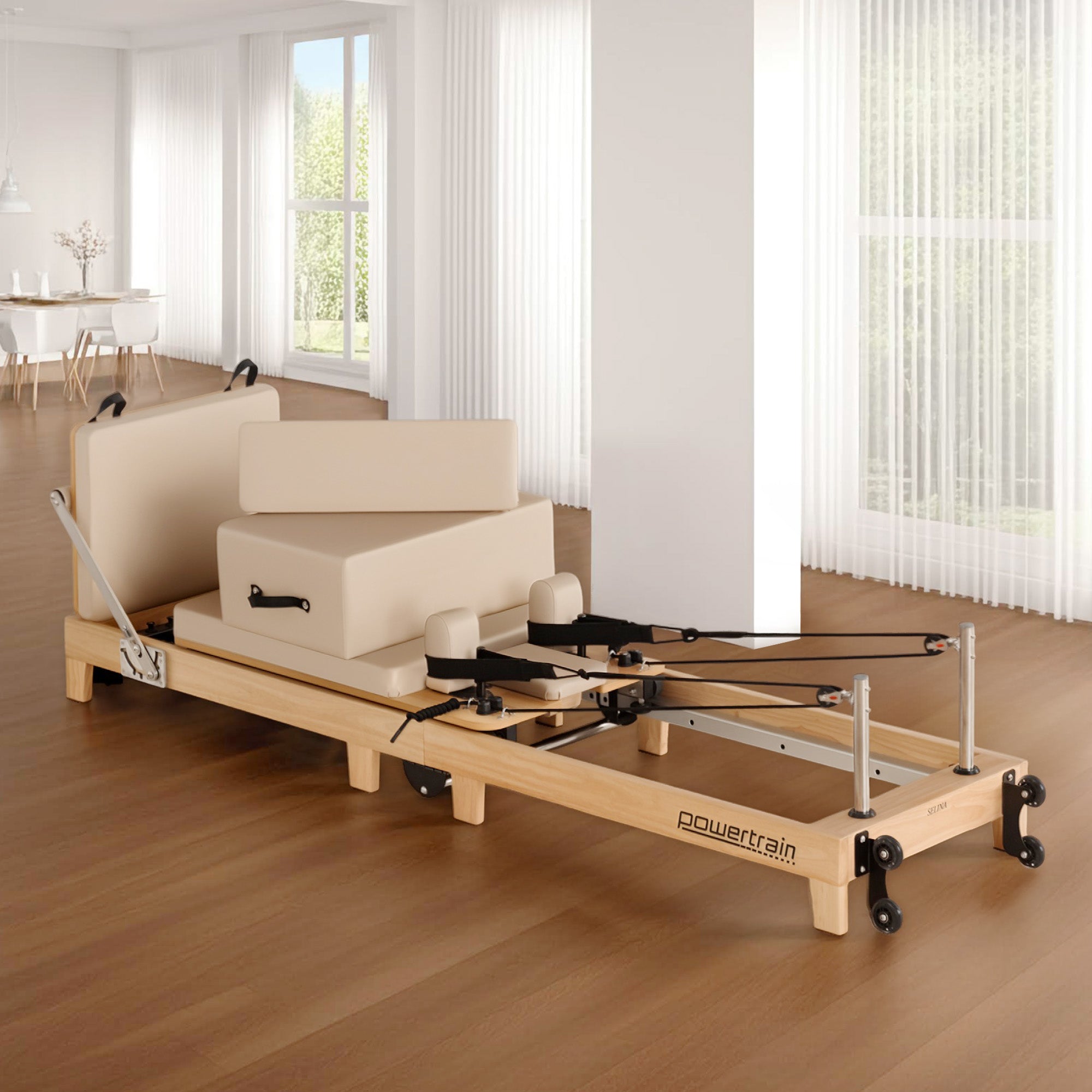 Powertrain Selina Pilates Reformer Machine Wooden Folding Multifunctional Home Gym Equipment With Jumpboard And Sitting Box Oak Beige
