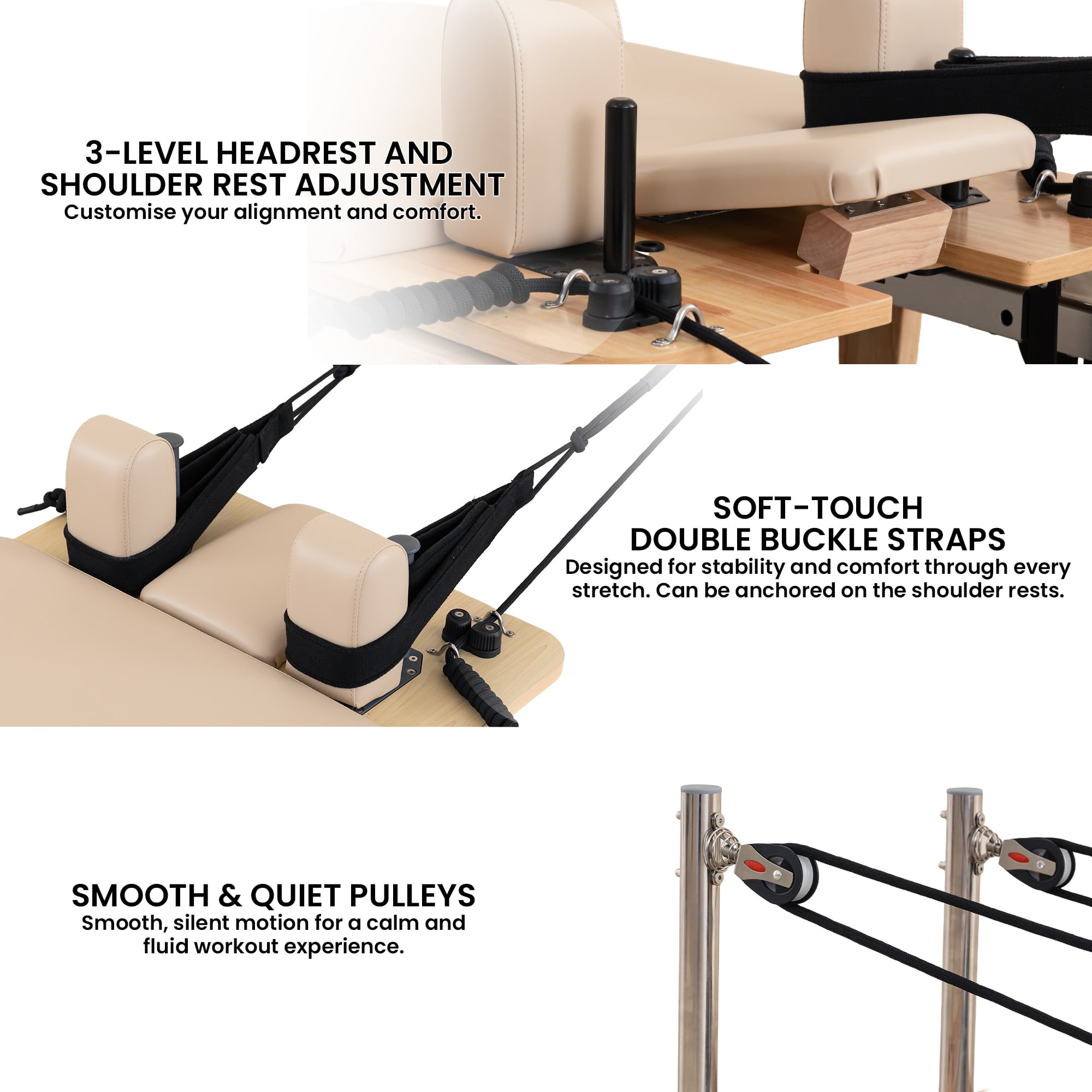 Powertrain Selina Pilates Reformer Machine Wooden Folding Multifunctional Home Gym Equipment With Jumpboard And Sitting Box Oak Beige