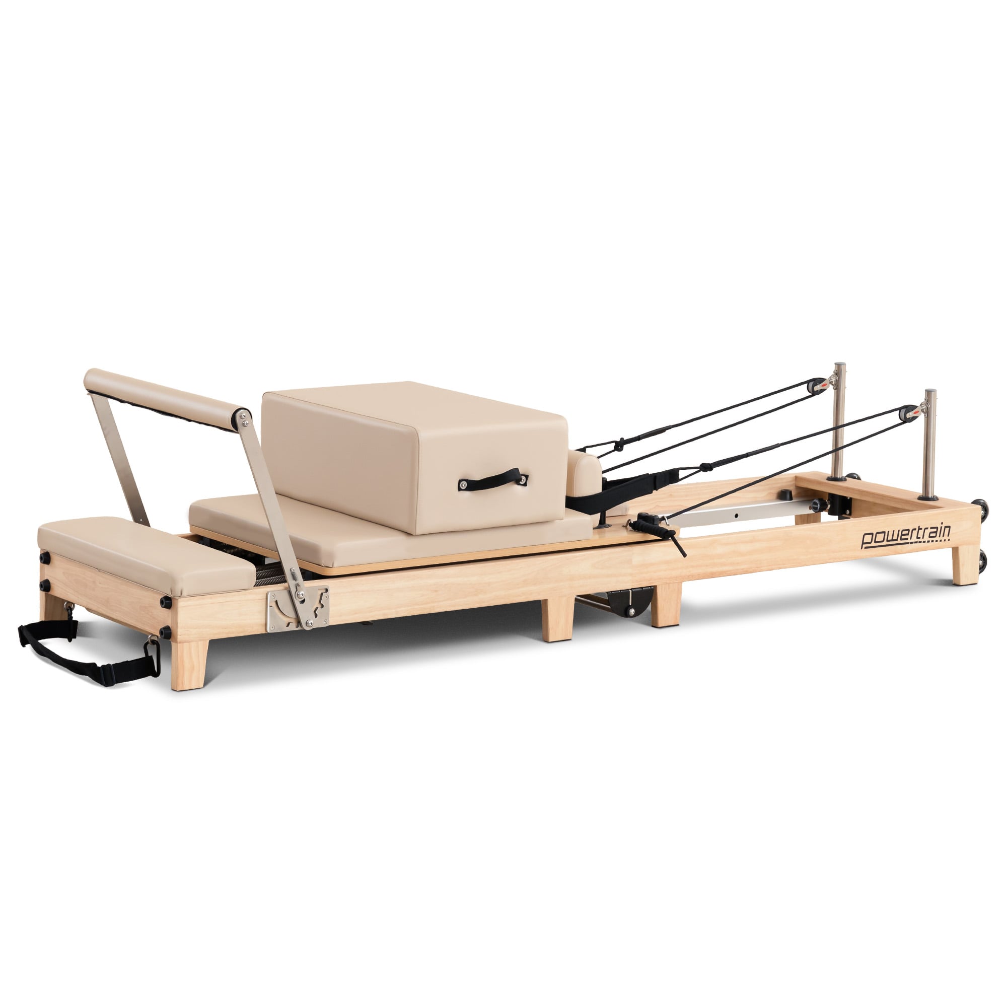 Powertrain Selina Pilates Reformer Machine Wooden Folding Multifunctional Home Gym Equipment With Jumpboard And Sitting Box Oak Beige