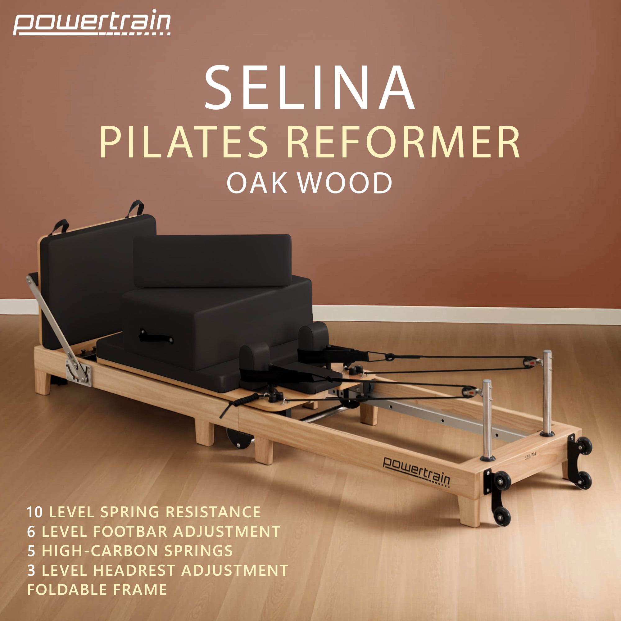 Powertrain Selina Pilates Reformer Machine Wooden Folding Multifunctional Home Gym Equipment With Jumpboard And Sitting Box Oak Black