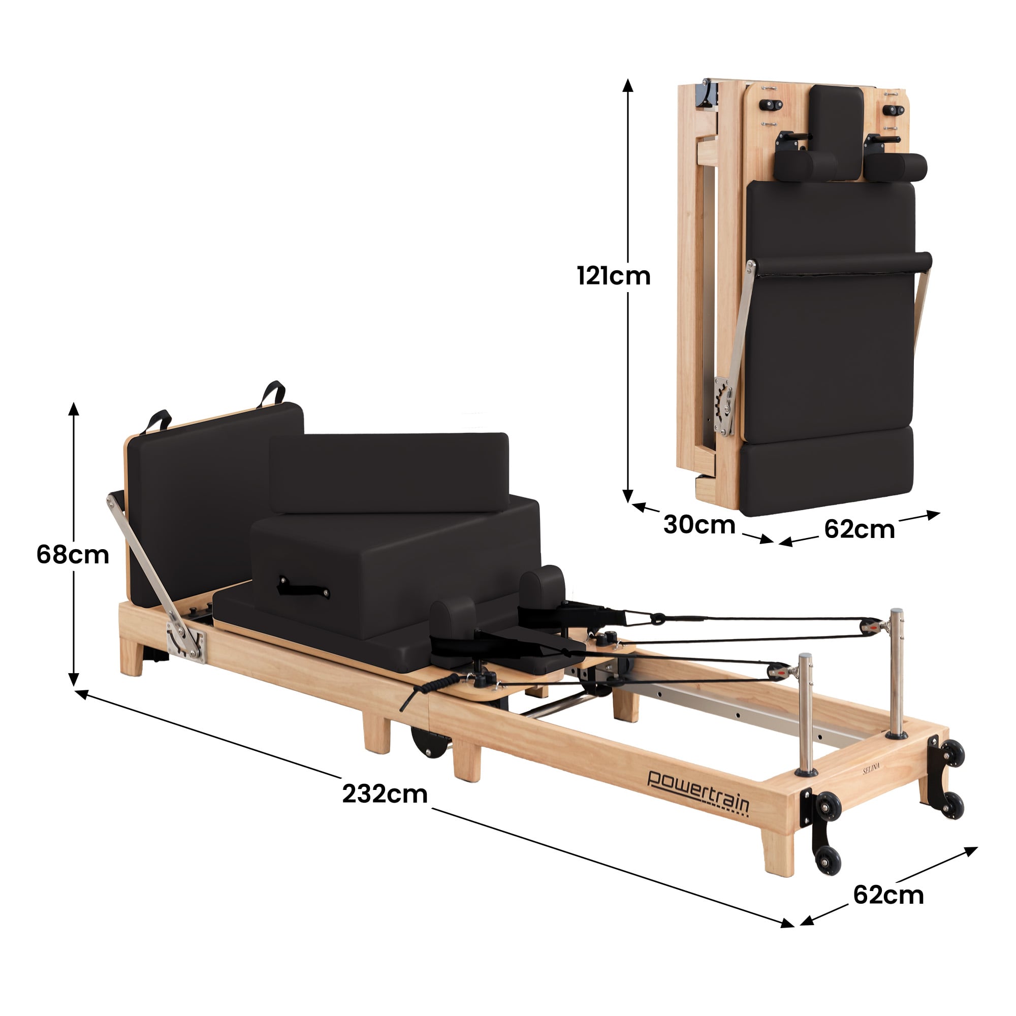 Powertrain Selina Pilates Reformer Machine Wooden Folding Multifunctional Home Gym Equipment With Jumpboard And Sitting Box Oak Black
