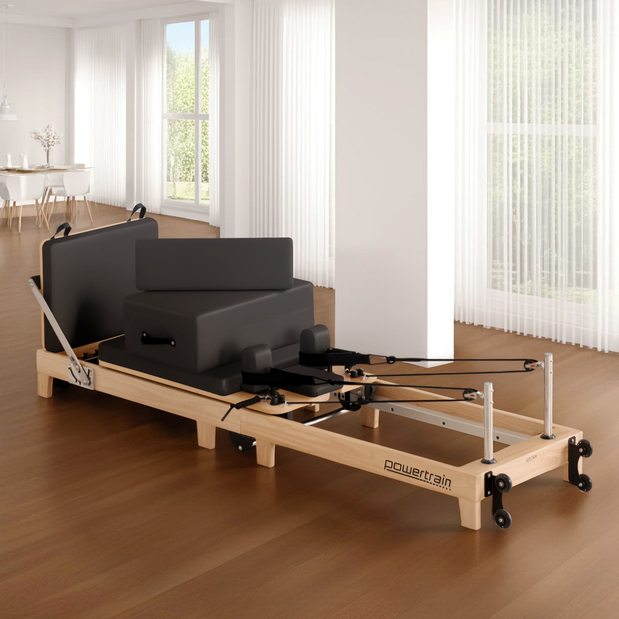 Powertrain Selina Pilates Reformer Machine Wooden Folding Multifunctional Home Gym Equipment With Jumpboard And Sitting Box Oak Black