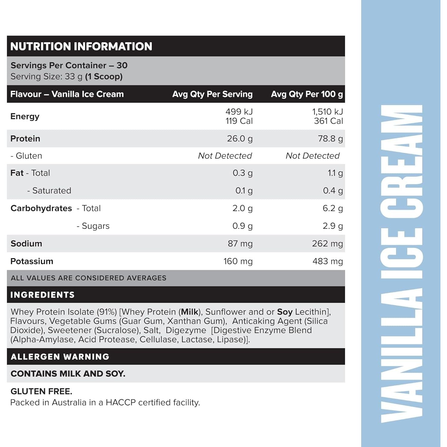 Muscle Nation Vanilla Ice Cream Flavour Whey Protein Isolate 990G (30 Serves)
