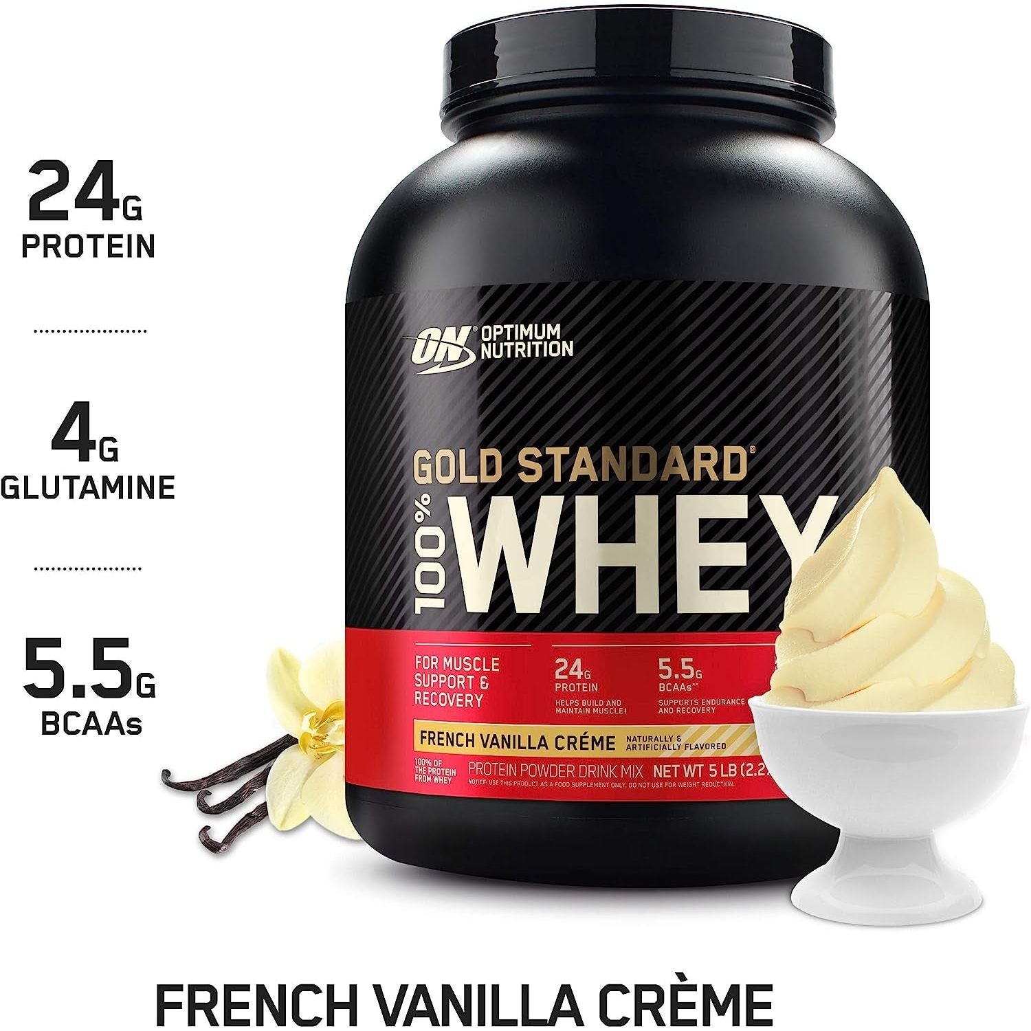 Gold Standard 100% Whey Protein Powder, French Vanilla, 2.27Kg